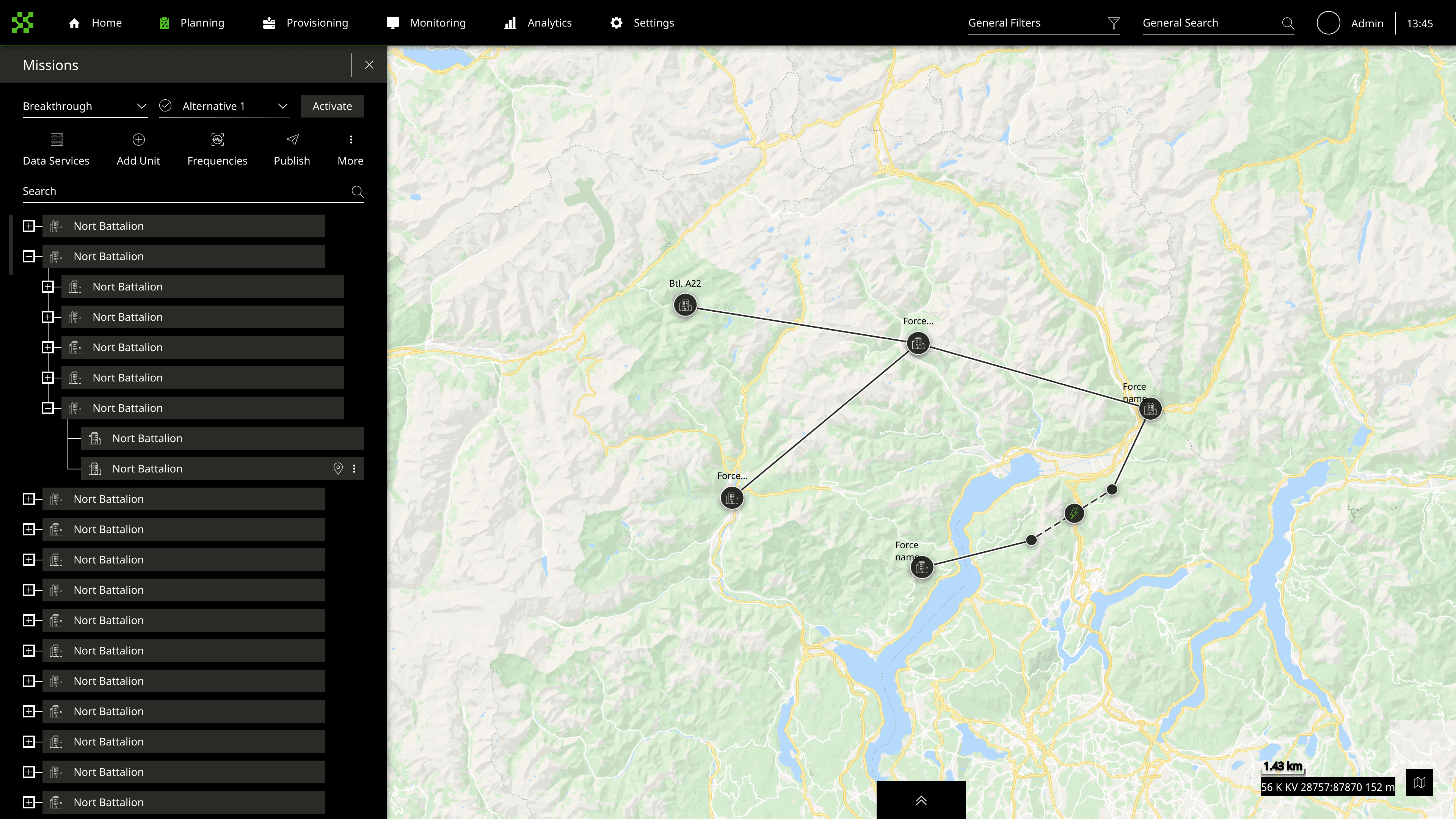 Planning workspace - unit hierarchy tree on the left, battalion and company nodes placed on the terrain map with communication routes drawn between them
