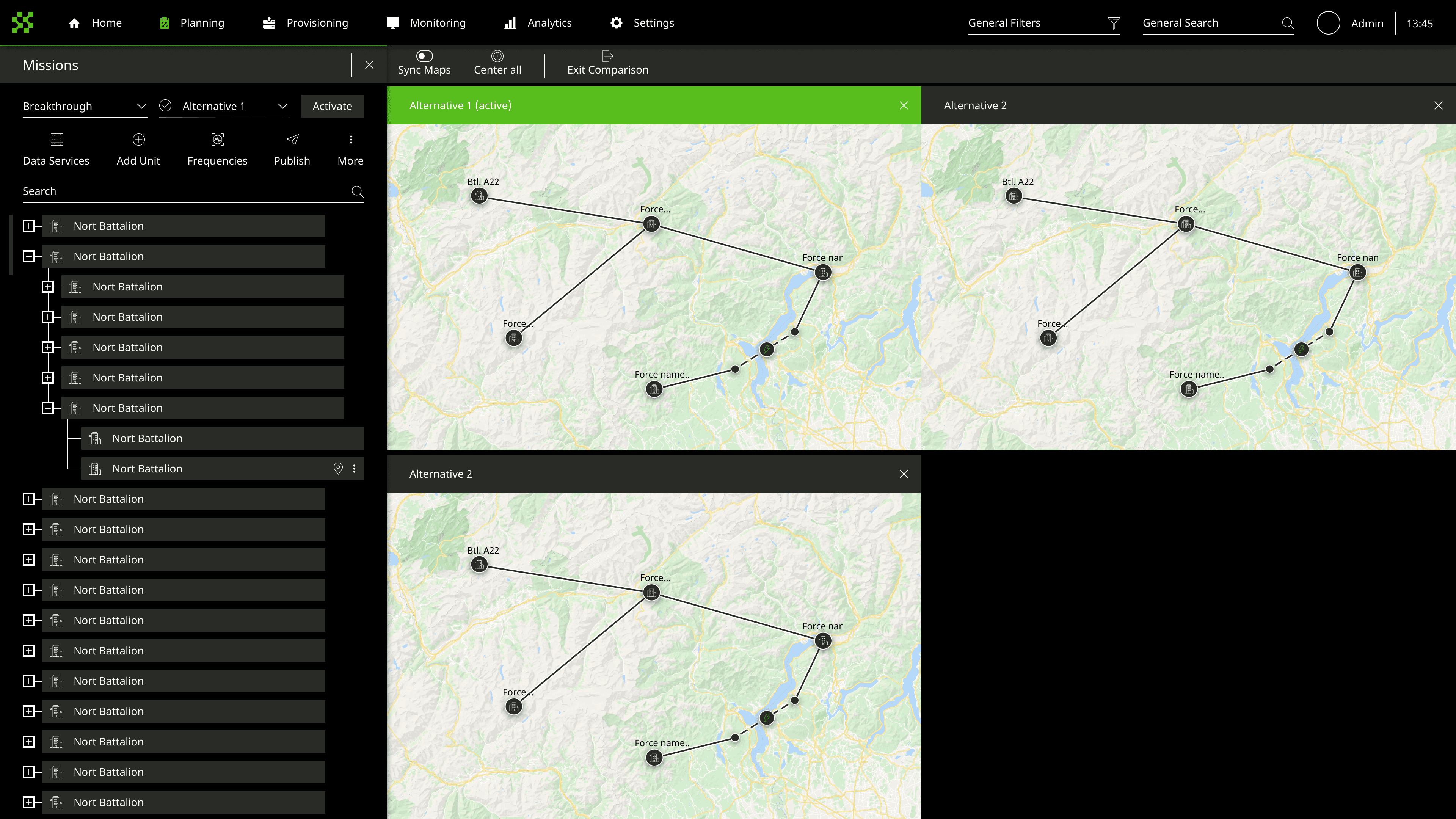 Multi-alternative comparison mode - three mission configurations displayed side by side on the same map canvas for command-level review and selection