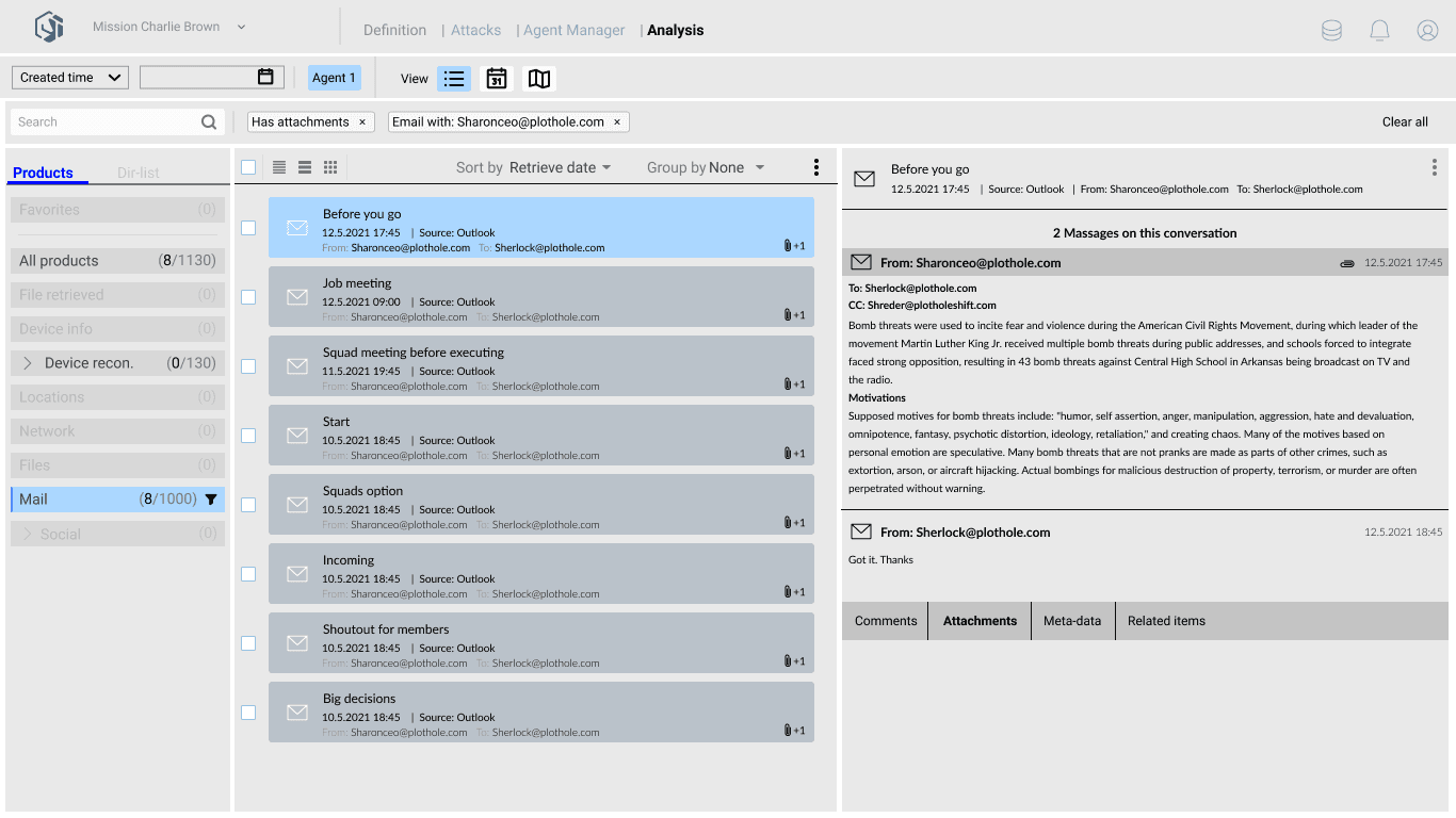 Analysis screen - retrieved intelligence organised, filtered and read in a familiar three-column layout