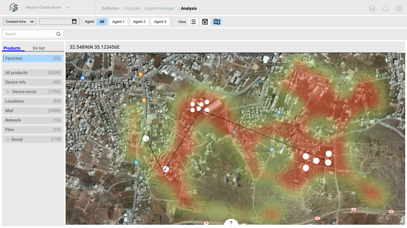 Map view - agents geolocated on satellite imagery with activity heatmaps showing when and where each one was active