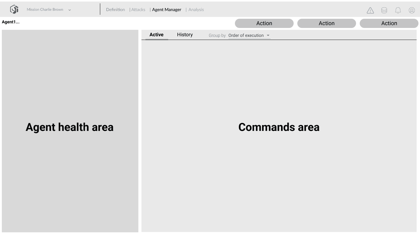 Preliminary UX concept - Agent health area and Commands area as two fixed spatial zones