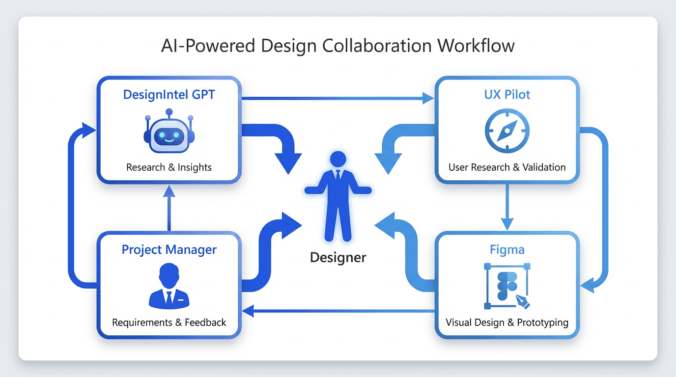 AI-assisted design workflow: DesignIntel research, UX Pilot wireframing, Figma execution
