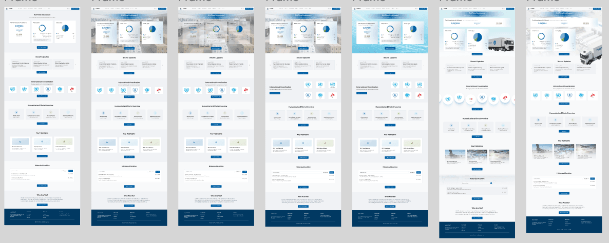 Homepage wireframe iterations exploring different structural approaches